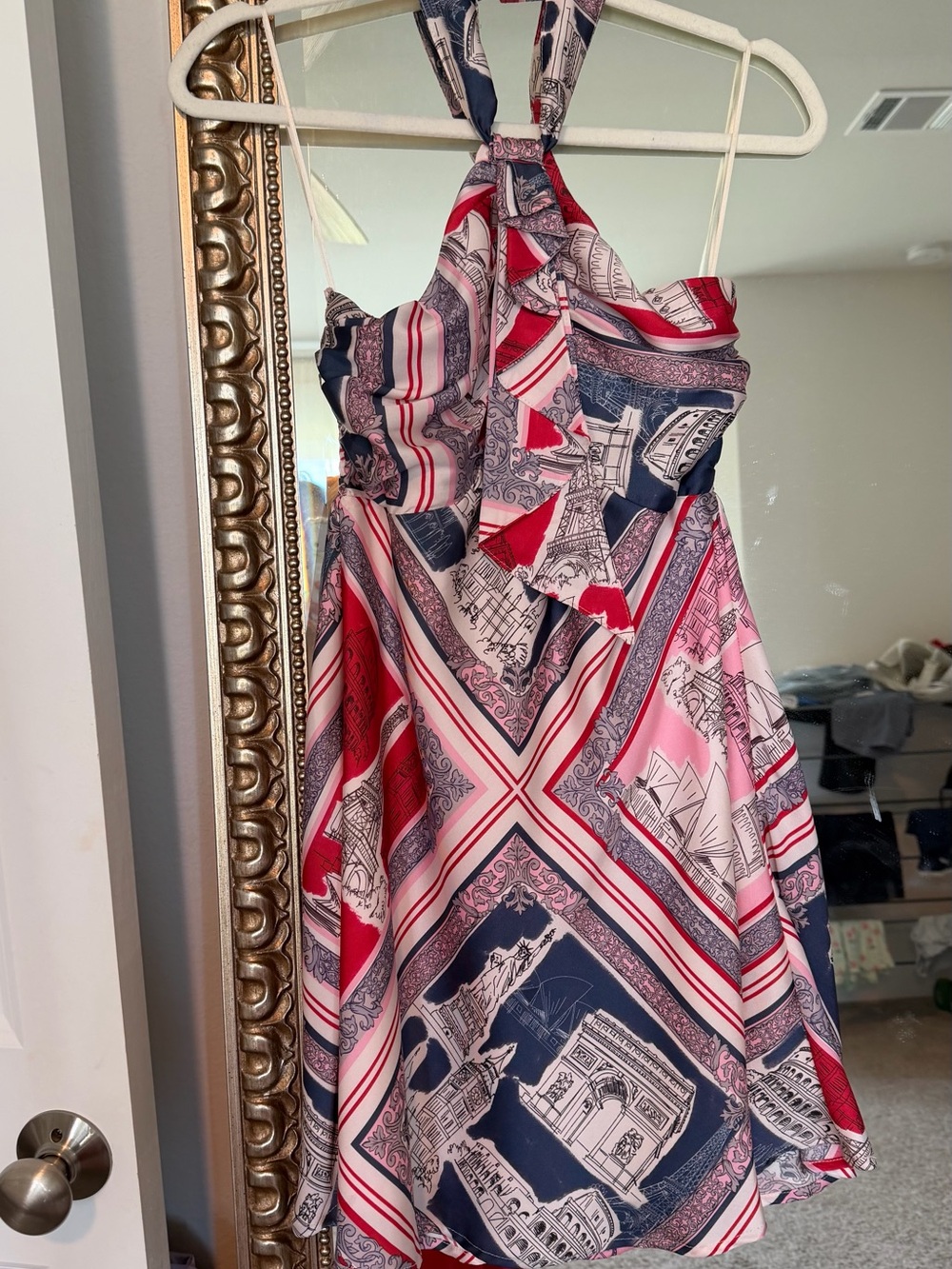 Fate Strapless Halter Scarf-Print Dress in Pink, Red & Navy